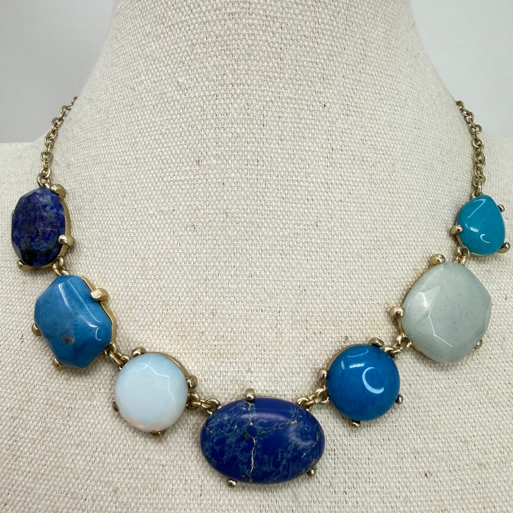 Loft Blue Multi Stone Necklace Statement Bold Mixed Shape Cabochon Boho
